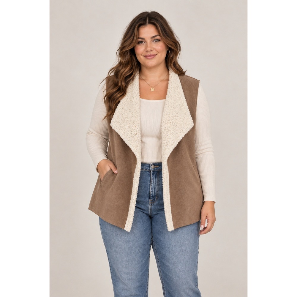 NEW Ruby Rd Womens Faux Suede Shearling Vest Camel Tan Open Front XL 16135 YJ